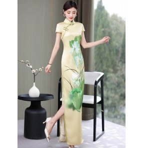 Chinese dresses yellow with green lotus printed oriental qipao cheongsam photos miss etiquette fashion dress women ong catwalk cheongsam show tea dress
