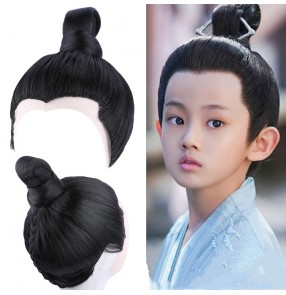 Chinese folk Ancient prince warrior swordsman cosplay wig for boy children hanfu kimono dress headgear antique hairstyle film modeling short straight black hair