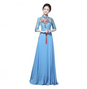 Chinese folk dance chorus singers dresses ancient traditional china style cheongsam qipao fairy stage performance competition long chinese dress