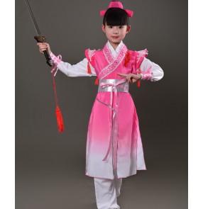 Chinese folk dance costumes for boy kids children dance  hanfu Confucius school warrior swordsmen performance dresses