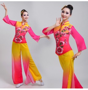 Chinese folk dance costumes for female women pink with gold yangko classical ancient traditional fan umbrella stage performance dresses clothes