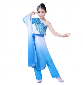 Chinese folk dance costumes for girls children pink blue gradient ancient traditional water sleeves drama fairy cosplay yangko fan dancing clothes