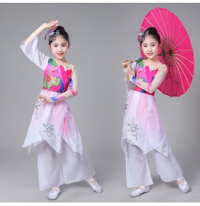 Chinese folk dance costumes for girls children pink fairy drama cosplay dance studio traditional oriental ancient classical stage performance clothes umbrella fan dance dresses 