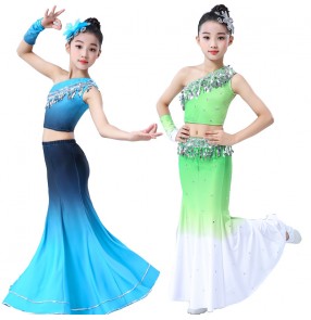 Chinese folk dance costumes for kids Dai dance costumes children peacock dance dress performanc art test fishtail skirt gradient girls belly dance skirt