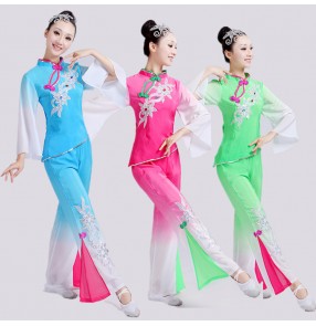 Chinese folk dance costumes for women female green blue yangge fan umbrella dance dresses stage performance square dance costumes