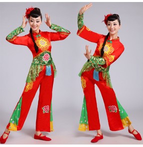 Chinese folk dance costumes for women female red colored yange  drummer yangko fan umbrella dance dresses costumes 