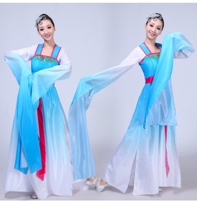 Chinese folk dance costumes for women female yangko pink blue gradient ancient traditional classical stage performance fairy cosplay waterfall sleeves dresses