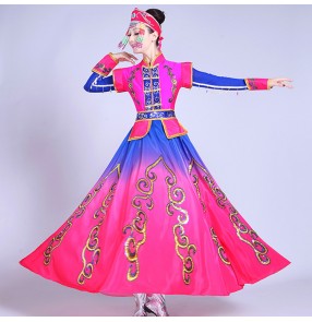 Chinese folk dance costumes for women girl's fuchsia with royal blue gradient colored Mongolian cosplay stage performance robes dresses