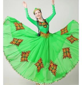 Chinese folk dance costumes for women green color Xinjiang dance dress Female Chinese style Uyghur costumes folk dance performance big swing skirt suit