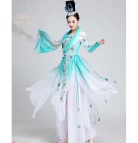 Chinese folk dance costumes for women mint blue gradient colored chinese classical dance costumes yangko fan umbrella dance dress for female