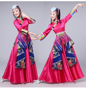Chinese folk dance costumes for women royal blue white red color Tibetan ethnic dance clothes ethnic minority performance costumes stage performance robes for female