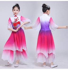 Chinese folk dance costumes kids girls children ancient traditional fairy stage performance yangko fan umbrella dance dress costumes