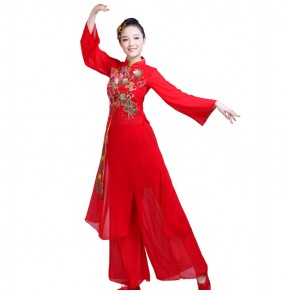 Chinese folk dance costumes yangko traditional ancient fan dancing group dancers stage performance dress clothes