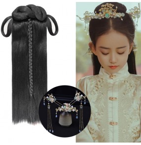 Chinese folk Hanfu fairy princess dress straight long hair wig with hair comb headdress for kids children performance headwear wig film drama photos shooting cosplay hair bun