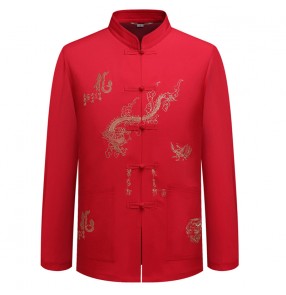 Chinese red gold dragon shirt Tang suit for men long-sleeved stand-up collar chinese kung fu clothing stage performance birthday celebration mandarin jacket 