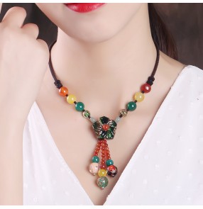 Chinese retro Hanfu  fairy dress Clavicle Chain Female Necklace Glazed Agate Pendant Necklace Retro qipao dress chinese dress oriental Jewelry Decoration