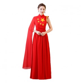 Chinese style chorus performance dress long dress red song competition dress female long section celebration dress host costume