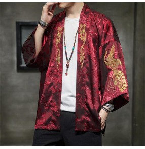 Chinese style Dragon tang suit embroidery Hanfu men's long-sleeved jacket ancient style kimono cardigan top yukata Taoist robe Tang suit