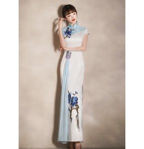 Chinese style oriental chinese dresses cheongsam catwalk qipao for women retro costumes fishtail white evening dress Miss etiquette host singers dresses 