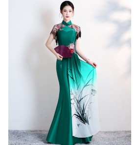 Chinese style Red green oriental qipao cheongsam dress evening dress catwalk choir performance costumes photos shooting traditional dresses