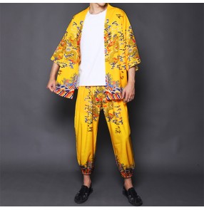 Chinese style retro yellow jacket male dragon robe suit Ancient style robes Hanfu emperor clothes Kimono costume shirt and pants