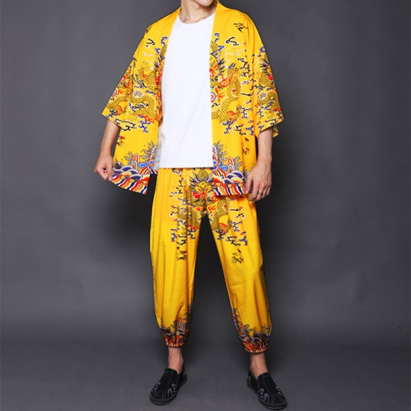 Chinese style retro yellow jacket male dragon robe suit Ancient style ...