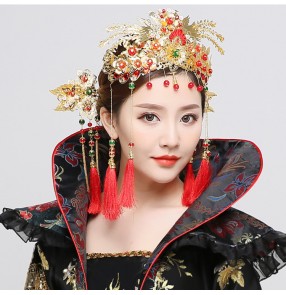 Chinese Tang Dynasty Empress Phoenix hair accessories queen photos drama fairy cosplay Hairdressing Hanfu Palace Court Royal Fringe Headwear Hairpin Jewelry