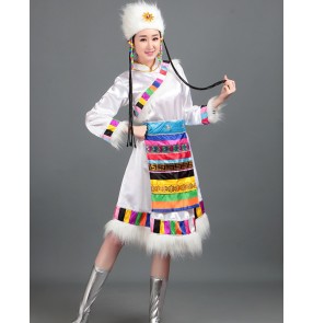 Chinese Tibetan dresses white Tibetan dance performance dresses women's ethnic minority clothing opening skirt Mongolian clothing