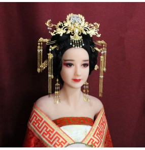 Chinese traditional ancient Tang Dynasty empress Queen Princess hair accessories Dragon and Phoenix brides fairy cosplay Dress Headpiece Fringed Hairpin