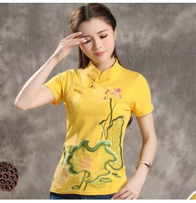 Chinese traditional cheongsam qiapao dress tops for women female retro embroidered plus size shirts blouses