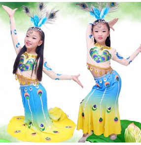 Chinese Traditional dance Dress for children kids rainbow colored Thailand Girls Dai National Folk Fan Dance Costume Long Mermaid Peacock Dance Costume Dress