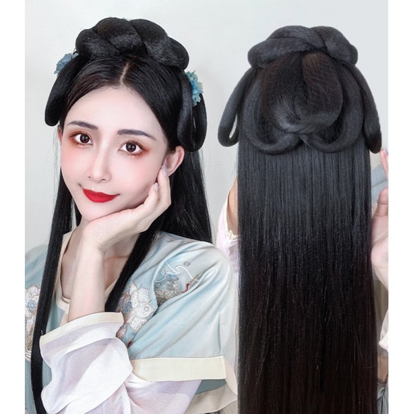 Chinese traditional folk Hanfu fairy dress Wig Hair Accessories Hair Bun Ancient classical dance Costume Modeling Hair Band princess long straight hair Headdress