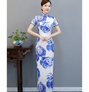 Chinese traditional qipao dresses for women girls white and blue printed model show photography evening party cheongsam dresses