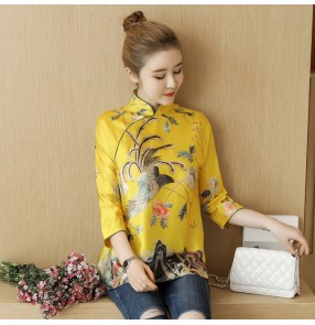 Chinese traditional qipao dresses tops gold  blouses embroidered dragon pattern retro shirts blouses