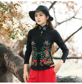 Chinese traditional tang suit qipao dress tops for women female  black wine retro embroidered blouses shirts