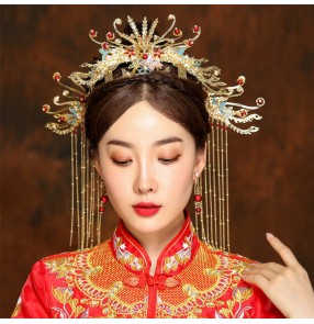 Chinese wedding dress bridal phoenix headdress photos shooting film cosplay stage performance tassels hair crown comb for women