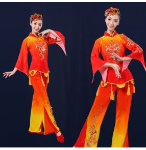 Chinese yangko folk dance costumes for women female red with yellow traditional fan square dance clothes dresses
