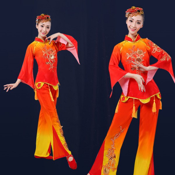 Chinese yangko folk dance costumes for women female red with yellow  traditional fan square dance clothes dresses