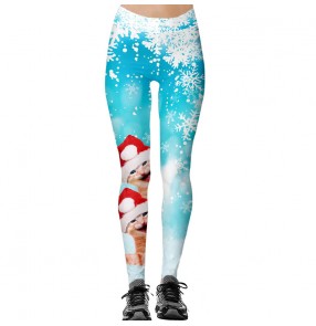 Christmas blue snow print fitness sports running pants for female hip-lifting high-waist leggings women's yoga pants