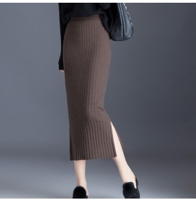 coffee Knitted skirt for women autumn winter mid-length high waist black silver woolen skirt side split fashion one step skirts