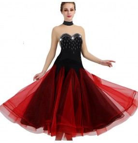 Competition ballroom dance dresses for women female black and red diamond professional stage performance salsa rumba chacha dancing long dress