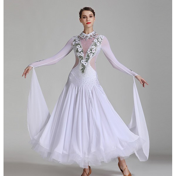 Competition Ballroom Dance Dresses White Flowers Ballroom Dancing Tango Waltz Dance Dress