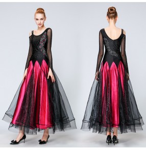 Competition ballroom dress for women female black with fuchsia diamond long length professional waltz tango dress
