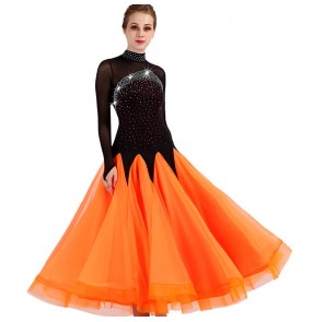 Competition ballroom dress for women girls orange with black diamond long sleeves stage performance waltz tango chacha dancing long dresses