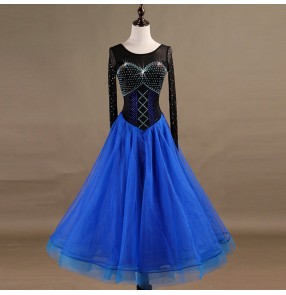 Competition ballroom dresses women's girls black with royal blue waltz tango long length stage performance professional flamenco skirts