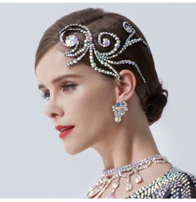 Competition ballroom latin dance diamond headdress for women girls National standard Latin modern dance performance diamond bling head flower accessories hairpin