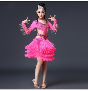 Competition latin dresses for girls children fuchsia black red luxury professional beads bling salsa samba dancing dress