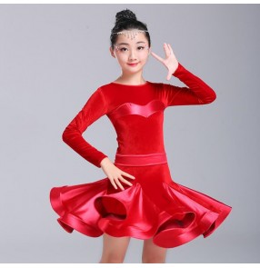 competition latin dresses for girls kids children satin with velvet long sleeves ballroom salsa rumba chacha dancing dresses