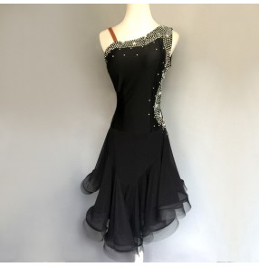 Competition latin dresses for women girls Black diamond beaded one shoulder handmade custom size salsa chacha rumba samba dresses