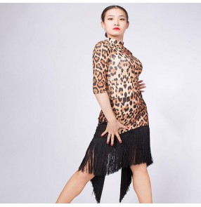 Competition latin dresses for women leopard sexy stage performance salsa chacha rumba dancing tops and skirts
